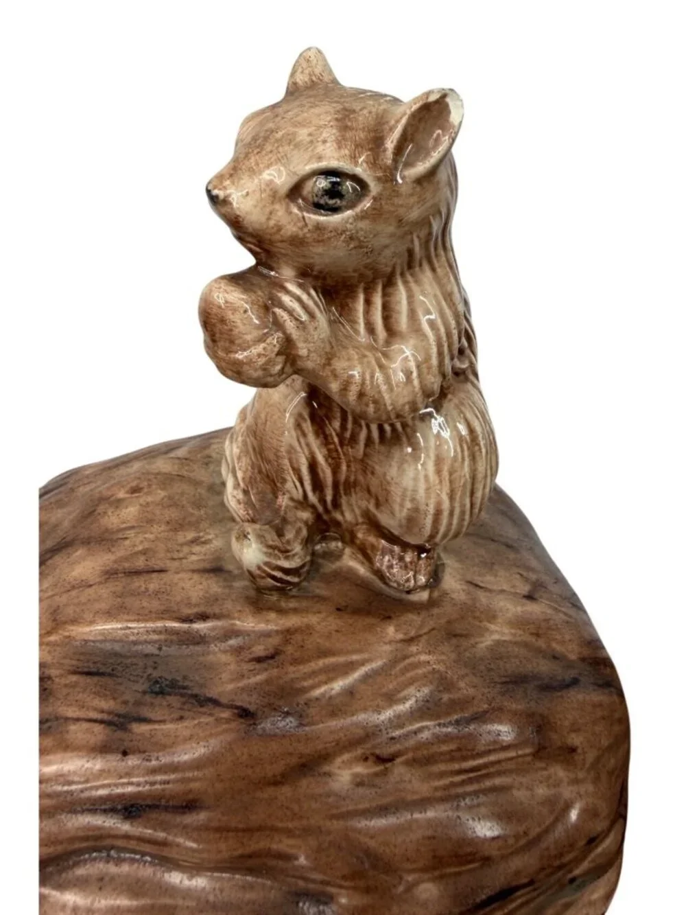 Vintage Ceramic Squirrel on Walnut Lidded Dish - Mid-Century Candy Bowl, Woodlan